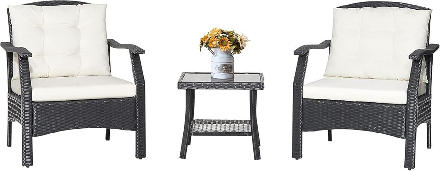 Outdoor Rattan Bistro Set 3-Piece Patio Sofa Table Chairs Cushions Garden
