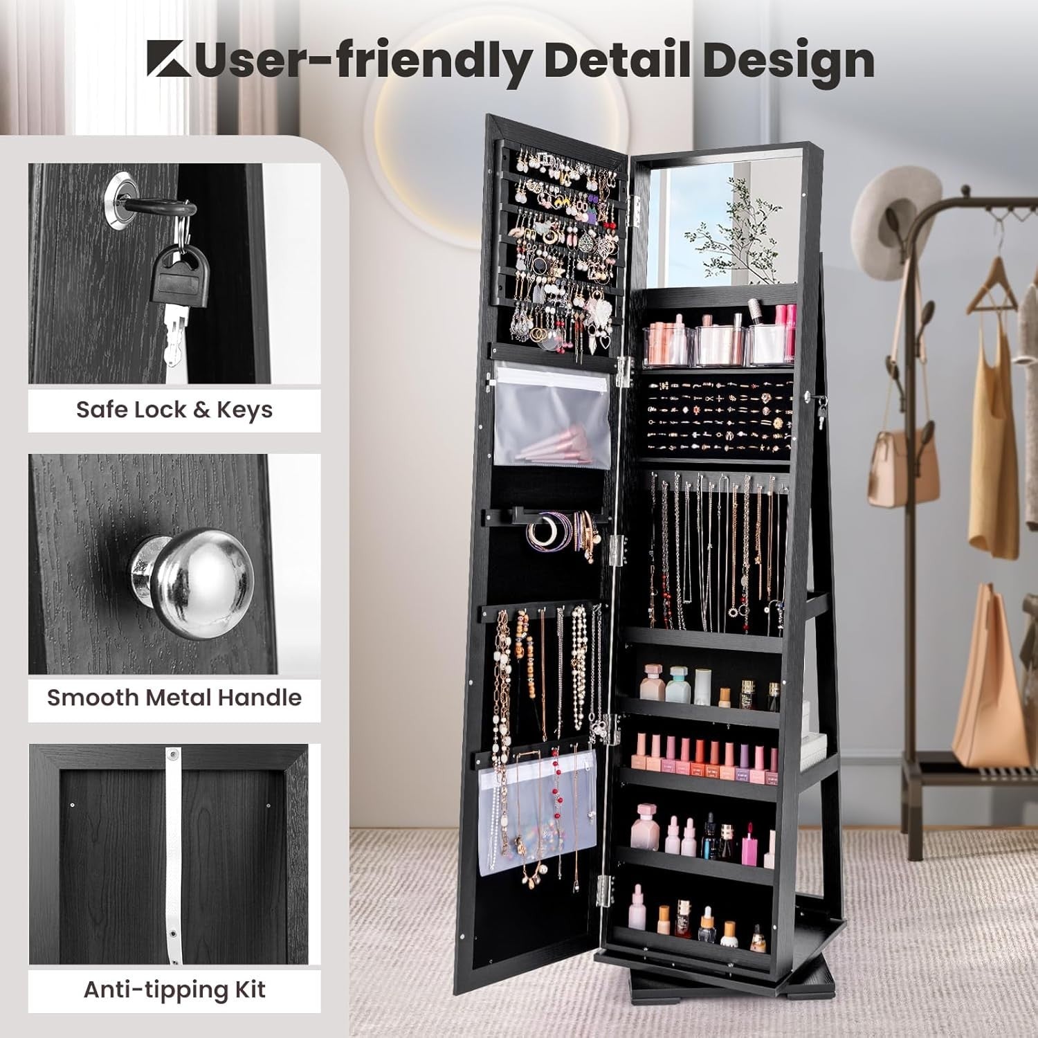 Black 360° Swivel Jewelry Cabinet Mirror Lockable 3-in-1 Storage Stand