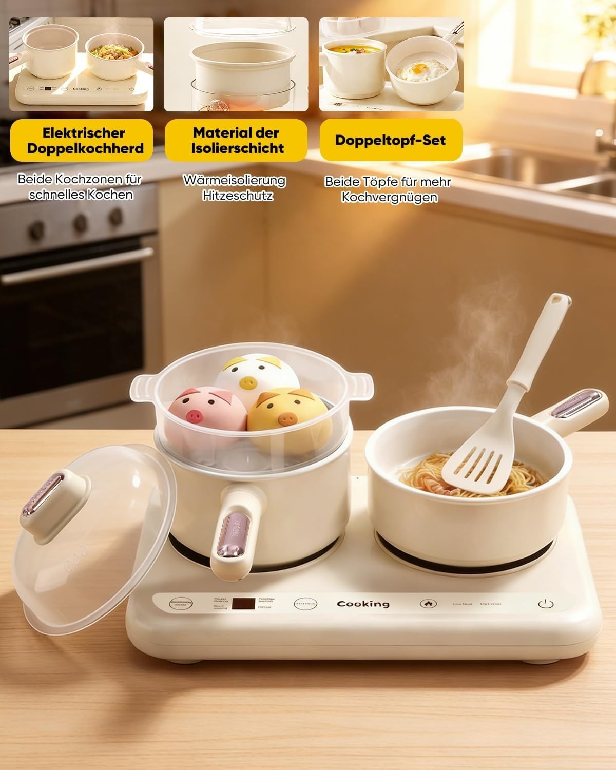 Kids Electric Cooking Set Double Hob Kitchen Toy Cookware 40pc Beige