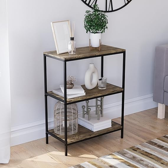 3 Tier Industrial Bookcase Shelf Unit Rustic Wood Metal Storage Display Stand
