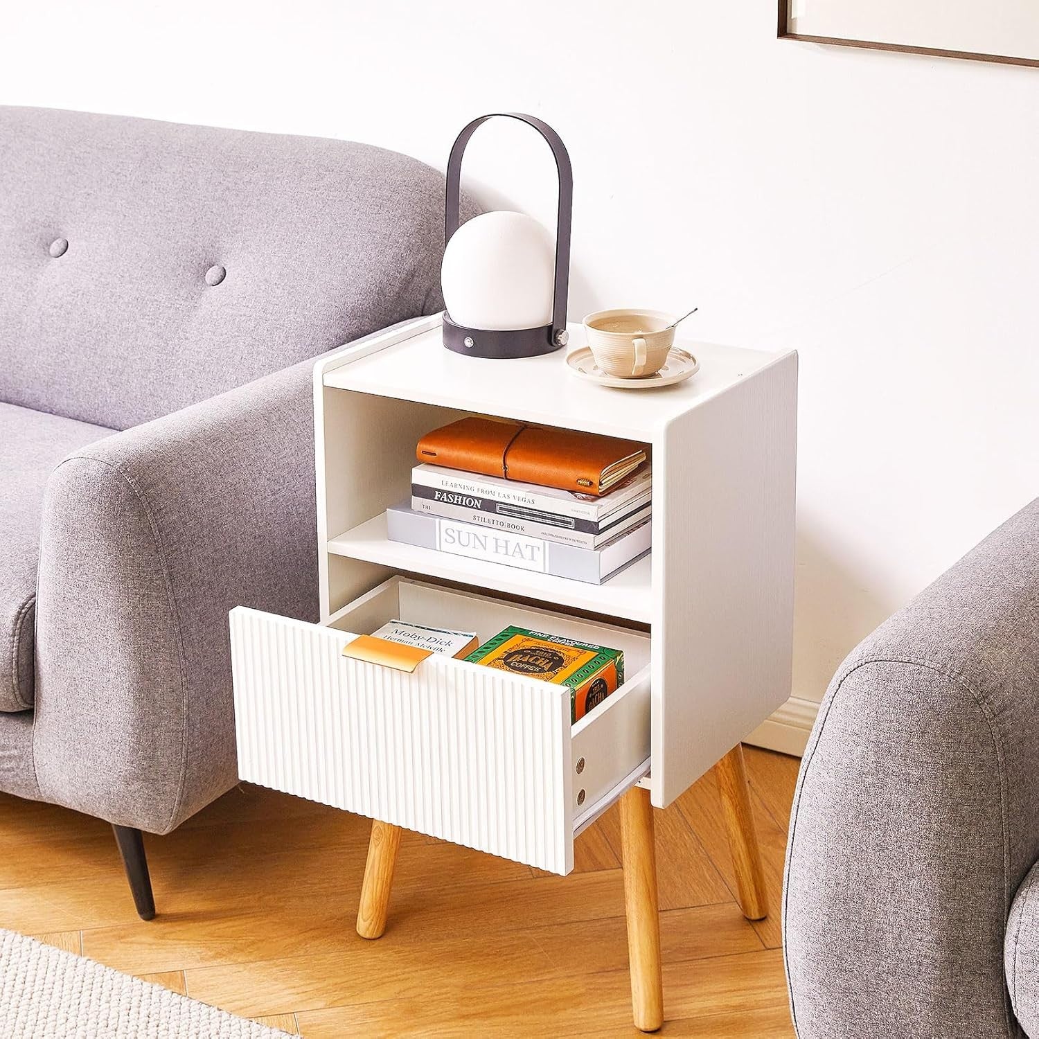 White Bedside Table with Drawer & Open Shelf – Modern 2-Tier Nightstand with Woo