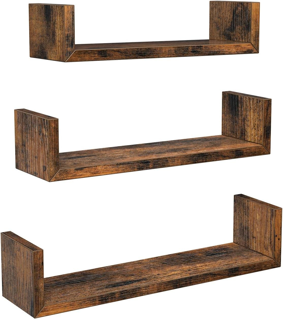 Rustic U-Shaped Floating Wall Shelves Set of 3 – Storage Display Rack