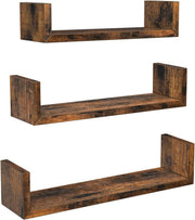 Rustic U-Shaped Floating Wall Shelves Set of 3 – Storage Display Rack