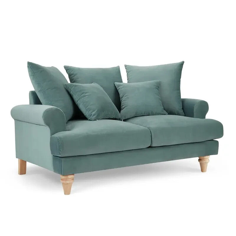 Teal Velvet 2 Seater Sofa Scatter Cushions Deep Seat Scroll Arms Wood Legs