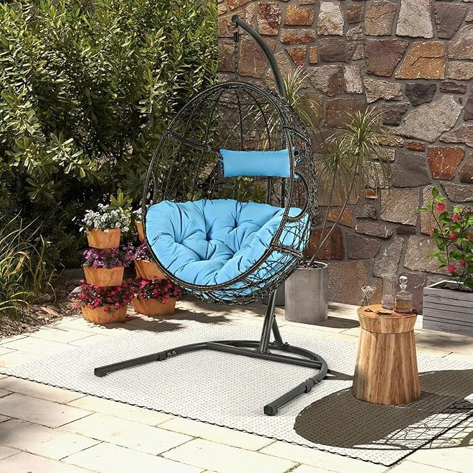 Hanging Egg Chair with Stand – Rattan Wicker, Cushions, Indoor Outdoor Use