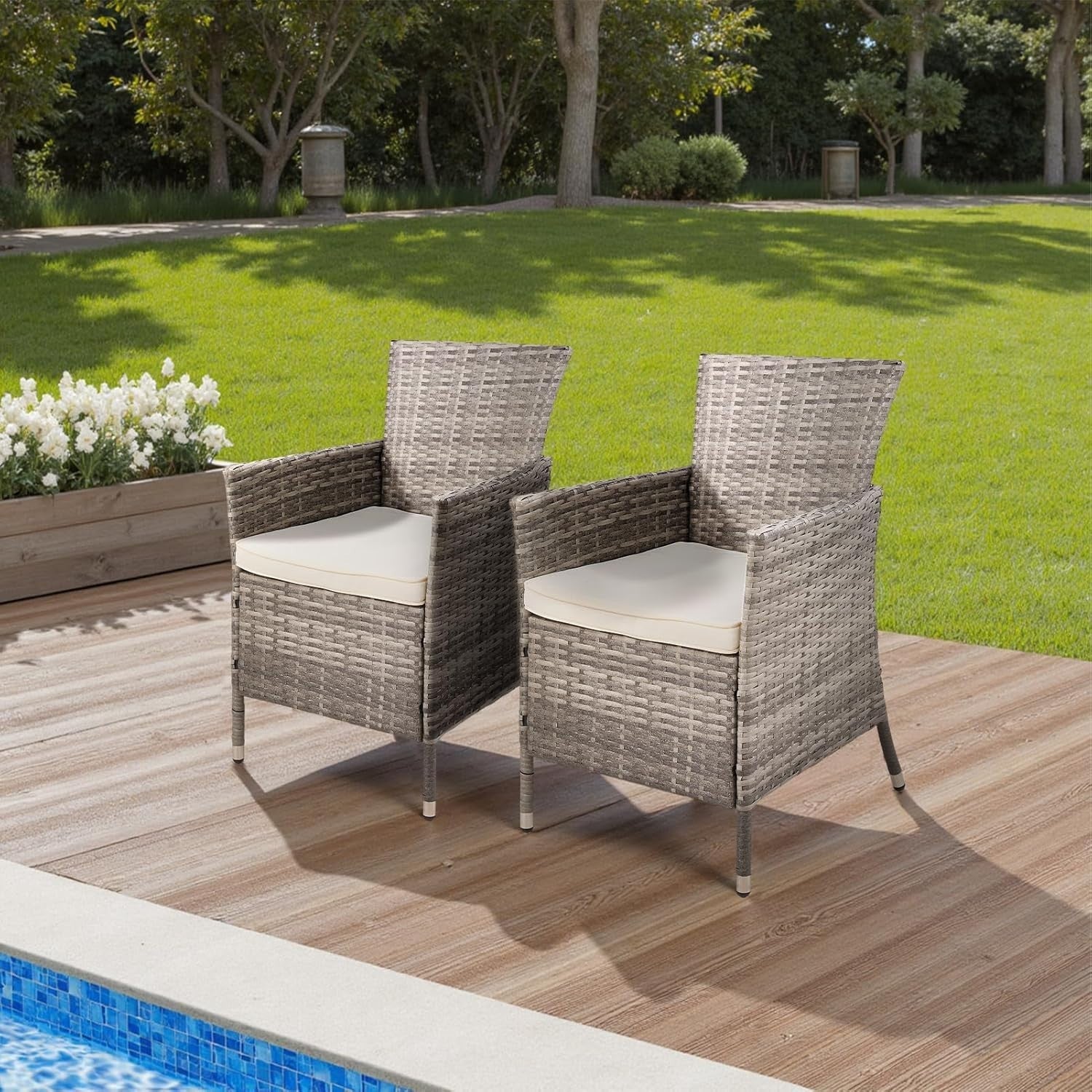 Grey Rattan Garden Dining Chairs Set of 2 High Back Cushioned Patio Armchairs