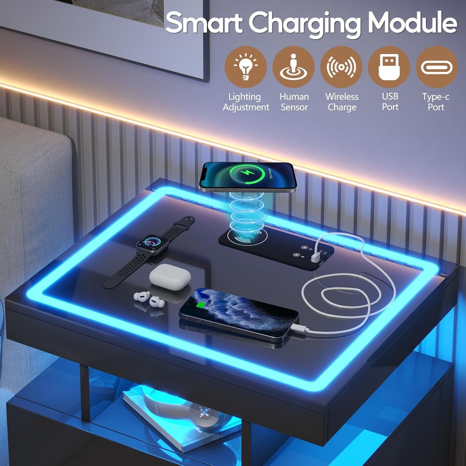 Set of 2 Black LED Bedside Tables with Wireless Charging, Glass Top & Drawers