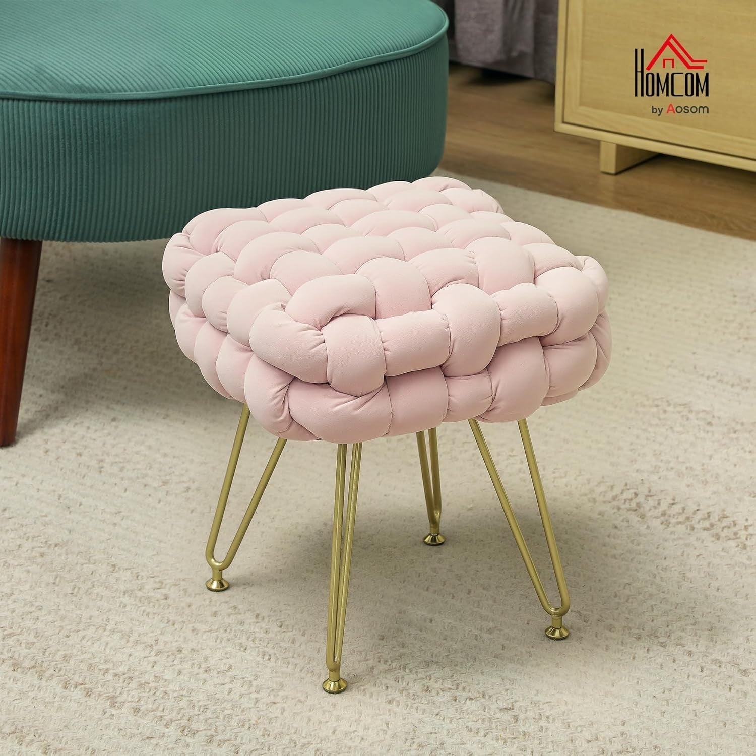 Pink Square Footstool Woven Velvet Ottoman Metal Leg Vanity Makeup Seat