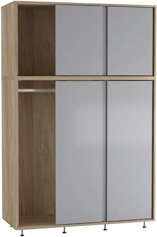 6-Door Grey Oak Sliding Wardrobe with Adjustable Feet & Hanging Rail