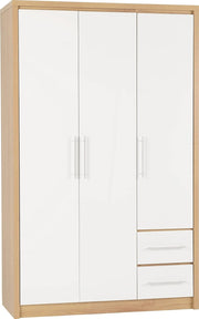White Gloss 3 Door Wardrobe with 2 Drawers Oak Effect – Lockable Storage