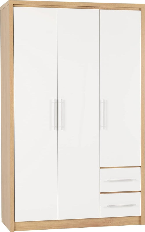 White Gloss 3 Door Wardrobe with 2 Drawers Oak Effect – Lockable Storage