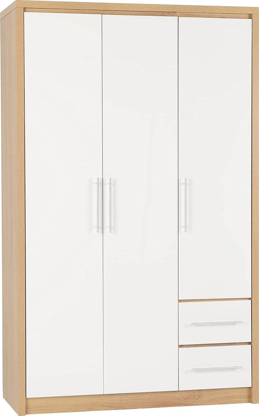 White Gloss 3 Door Wardrobe with 2 Drawers Oak Effect – Lockable Storage