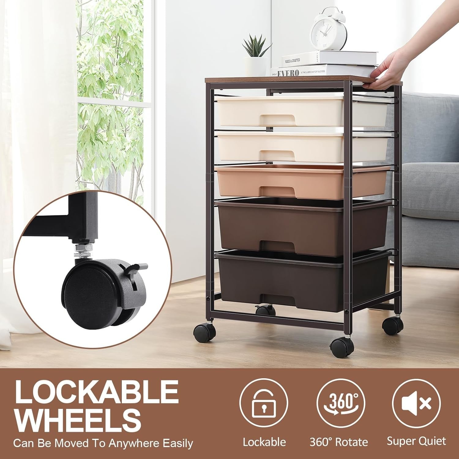 5 Drawer Rolling Storage Trolley Cart with Wheels Utility Organizer Brown