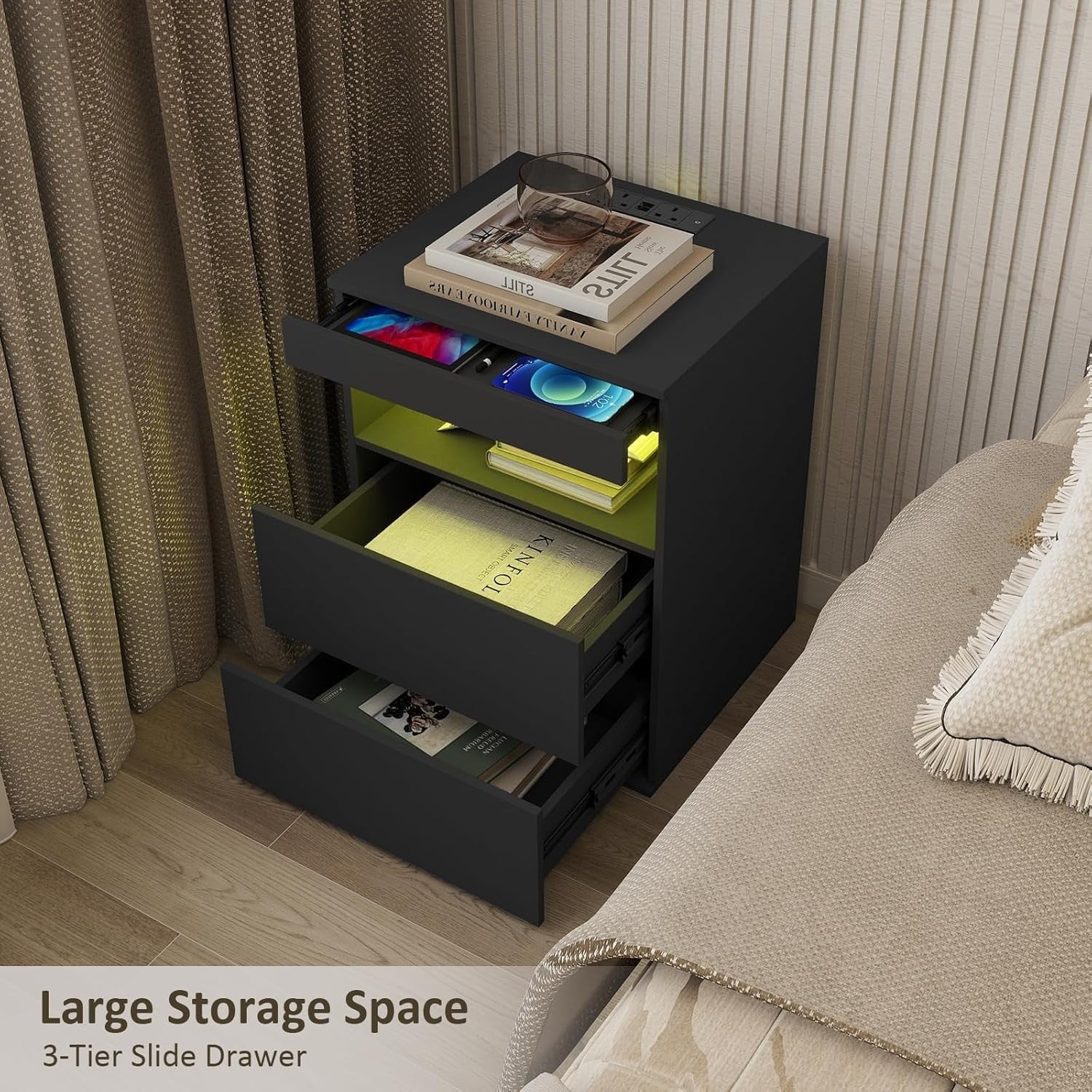 Modern Black LED Bedside Table with Drawers & USB Charging Station