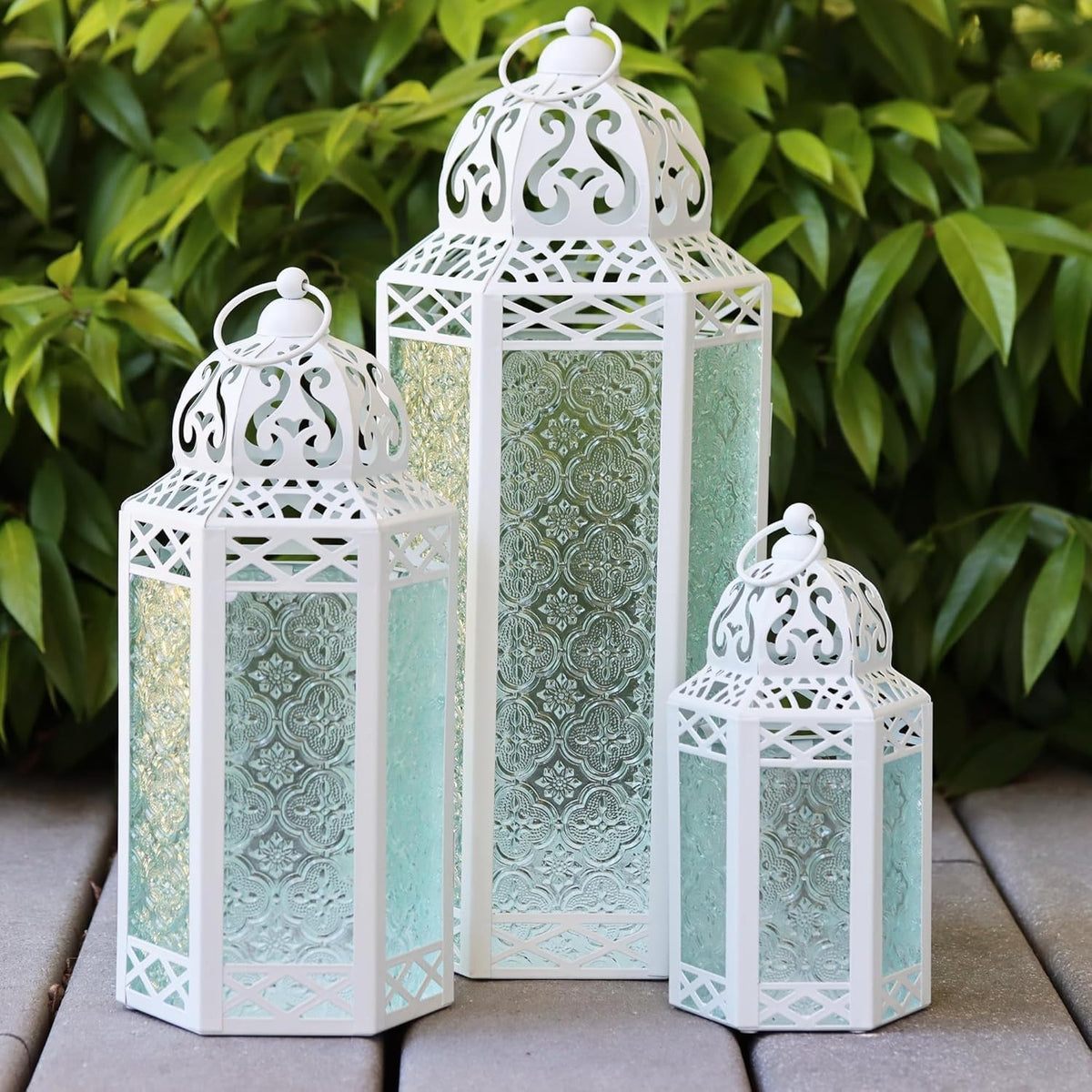 Set of 3 White Moroccan Candle Lanterns Home Decor