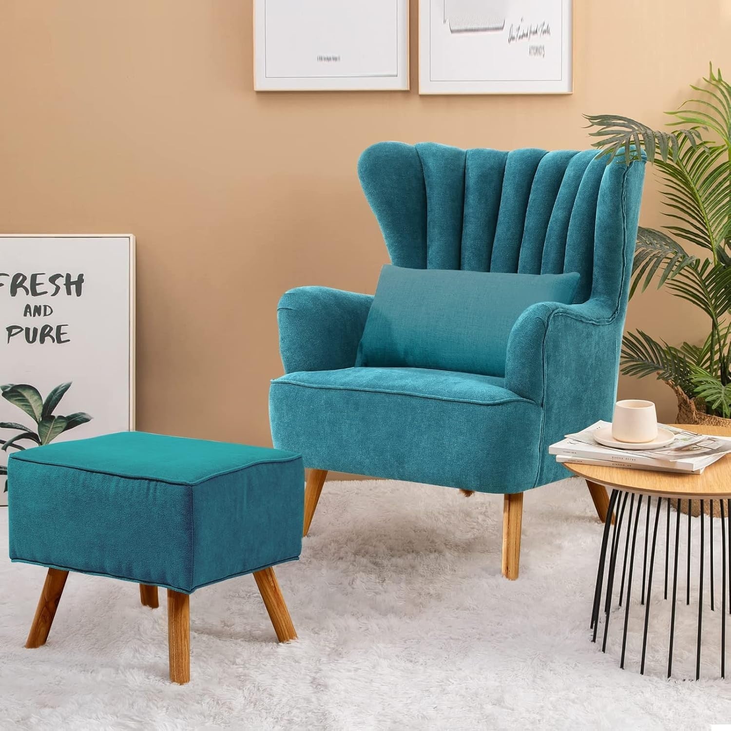 Teal Linen Wingback Tub Chair with Footstool, Wooden Legs, Lounge Sofa