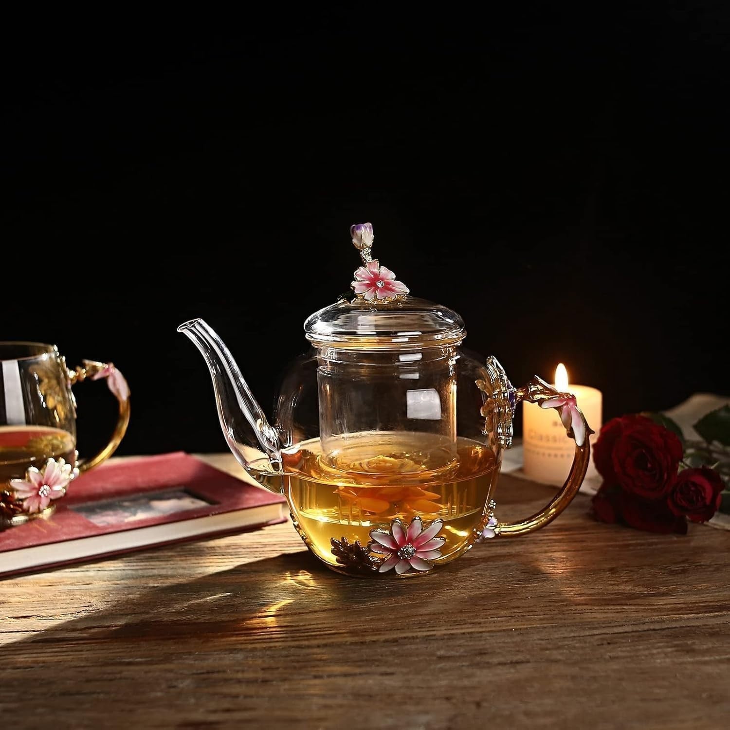 Glass Flower Teapot 35oz Tea Maker with Infuser Floral Gift for Women