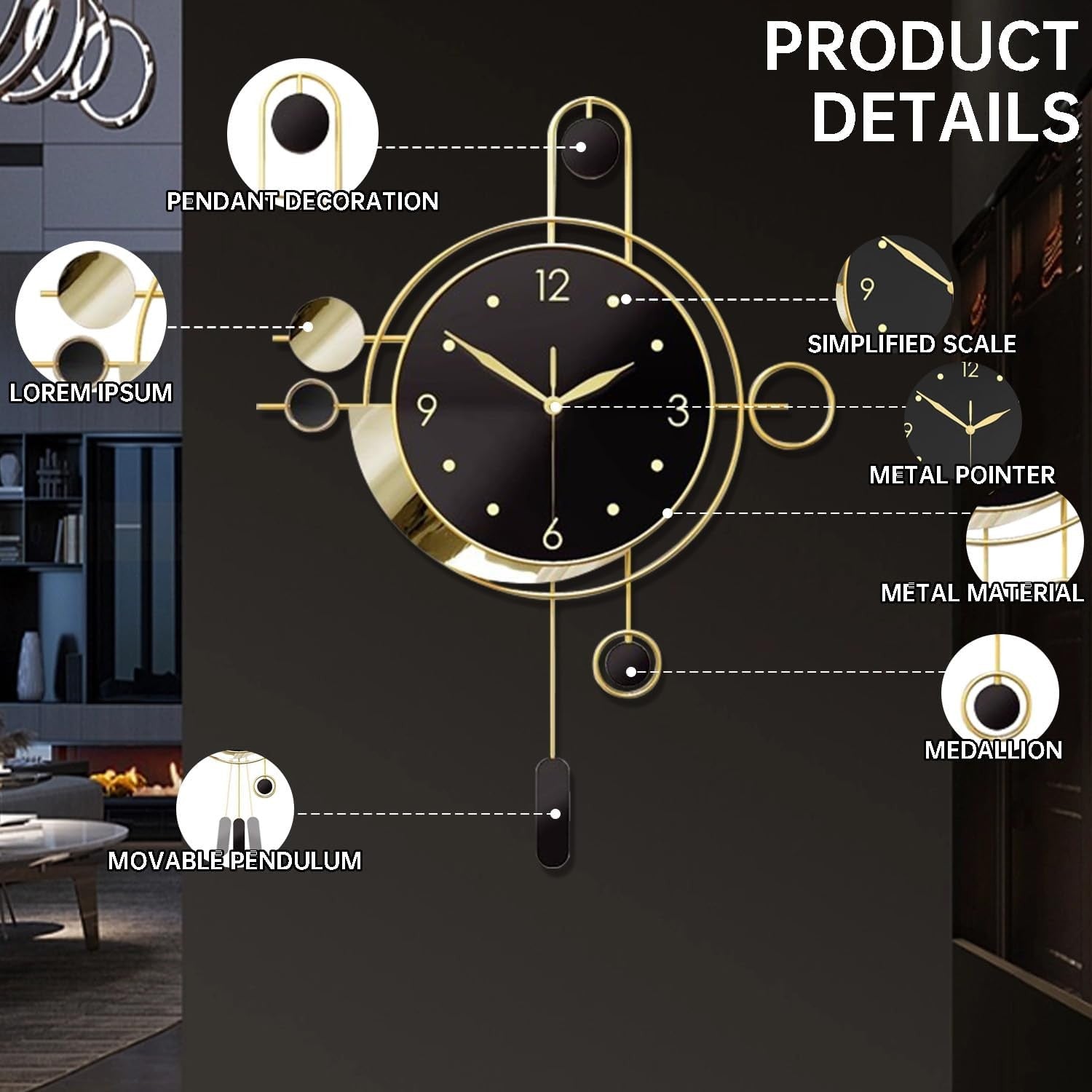 40cm Gold Pendulum Wall Clock – Silent Quartz Modern Decorative Large Design