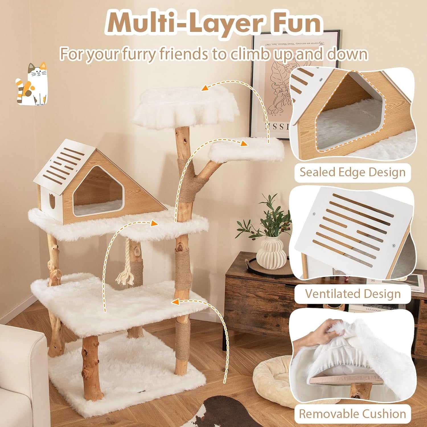 150cm Wooden Cat Tree Multi Level Tower with House Perch Jute Scratching