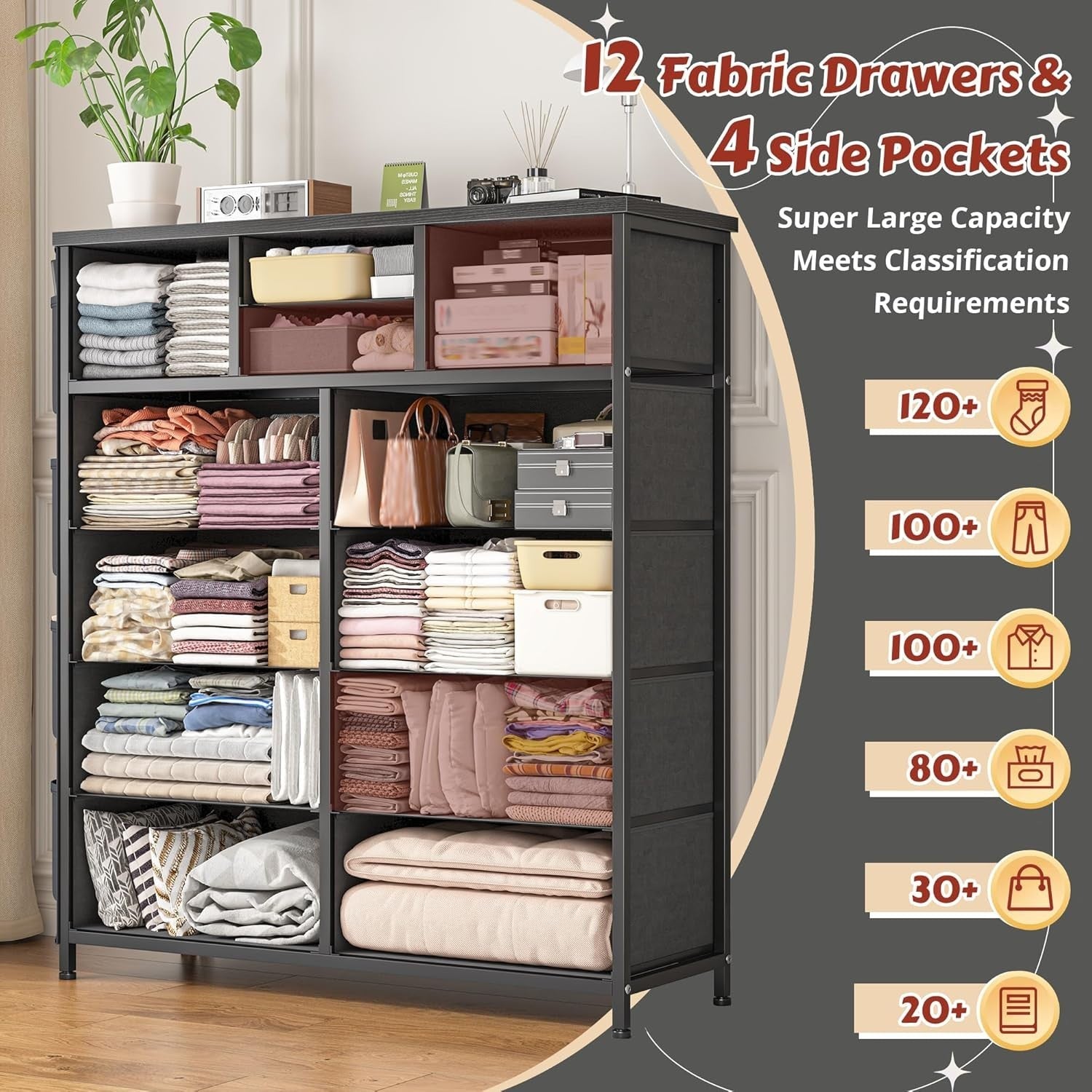Grey 12 Drawer Tall Fabric Dresser Storage Cabinet w/Side Pockets Bedroom
