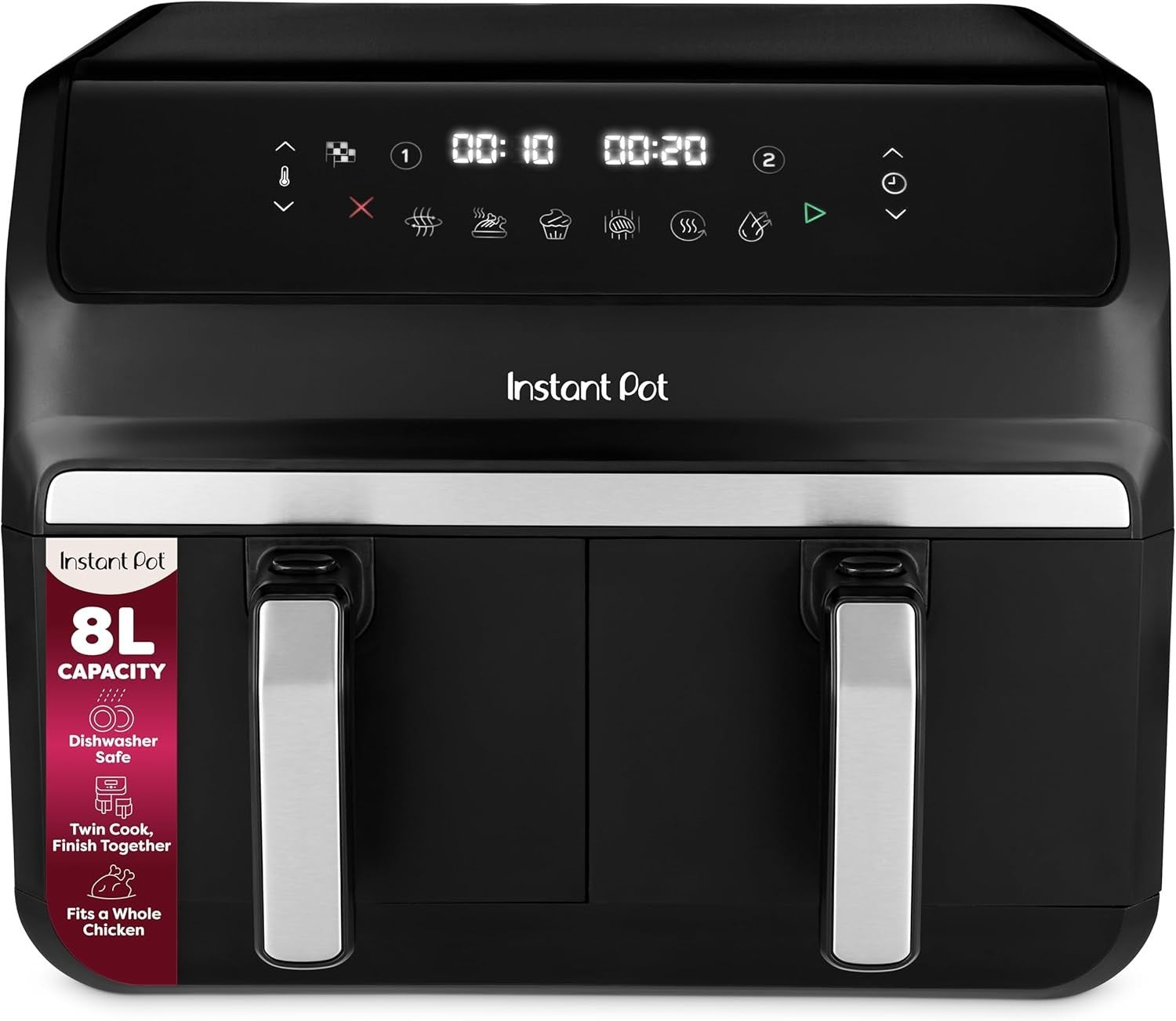 8L Dual Basket Air Fryer 8-in-1 Digital Twin Zone Grill Bake Roast Reheat