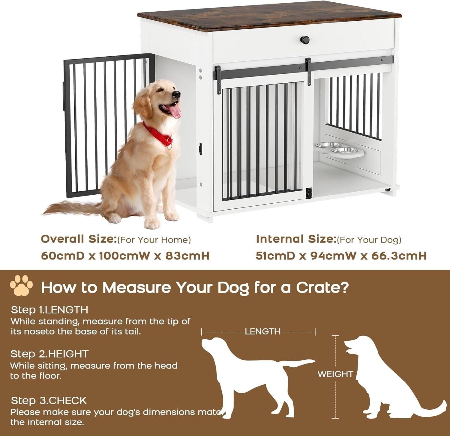 Large Indoor Wooden Dog Crate with Sliding Doors, Drawer & Rotatable Bowls