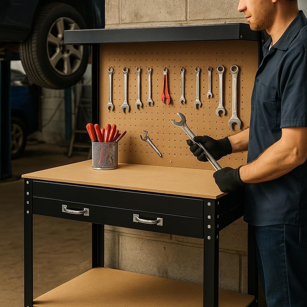 Workbench with Drawer Pegboard Shelf 1150x550x1400mm Garage Tool Station