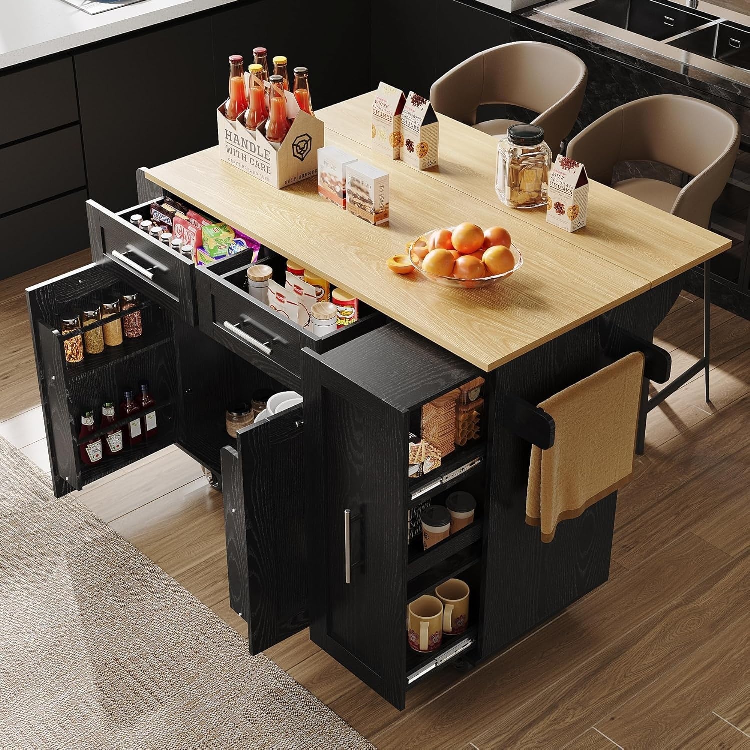 Black Rolling Kitchen Island Foldable Table Cart