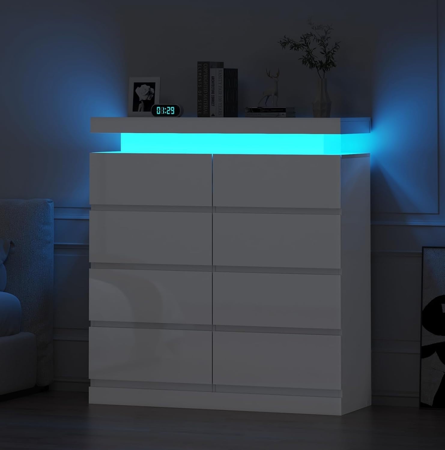 White High Gloss 8 Drawer Chest LED Light Modern Storage Cabinet