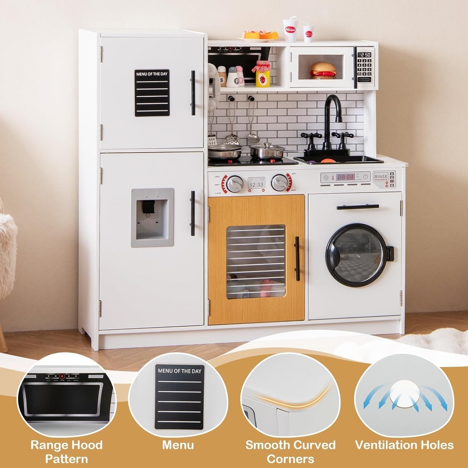 Wooden Kids Play Kitchen Lights Sounds Washer Microwave White Toy