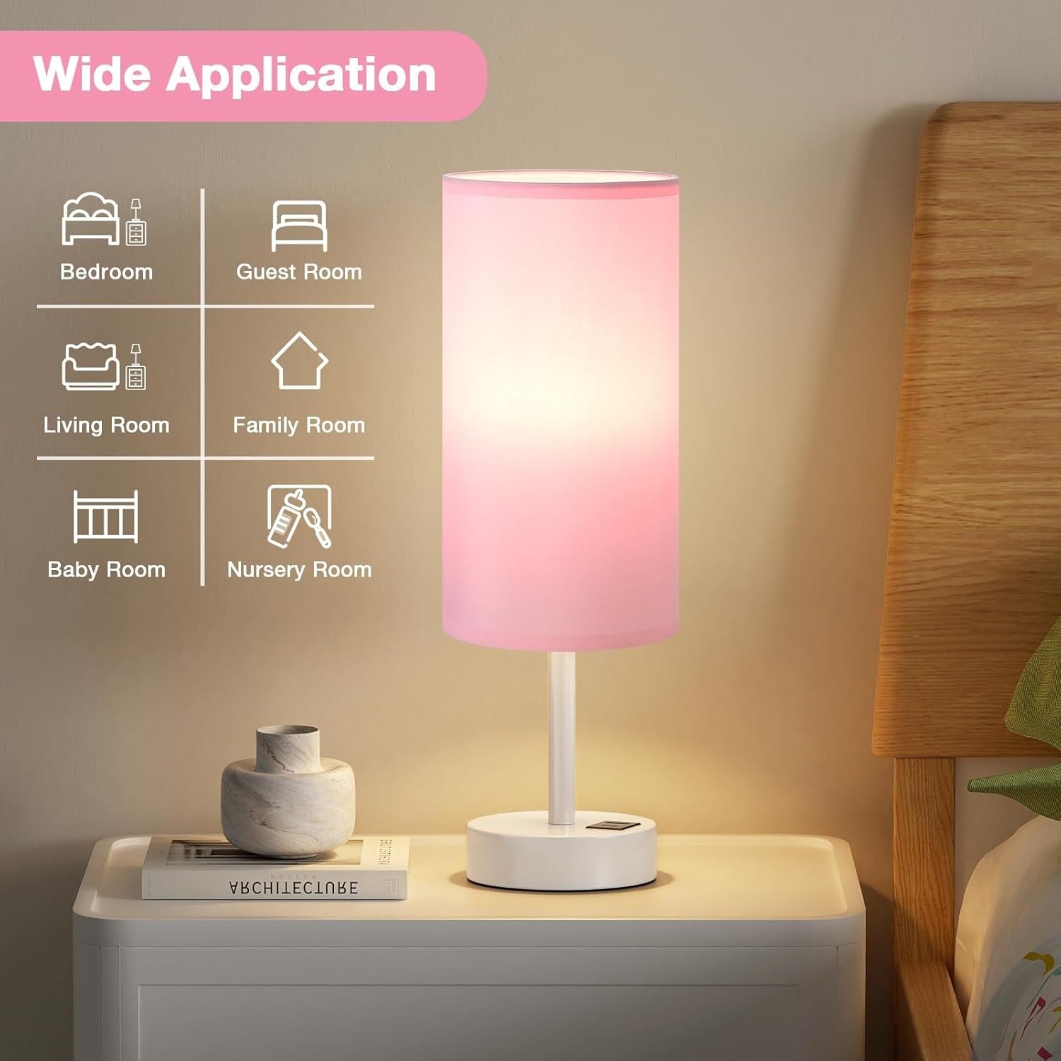 Touch Bedside Table Lamp Pink USB Charging Night Light E27 Modern