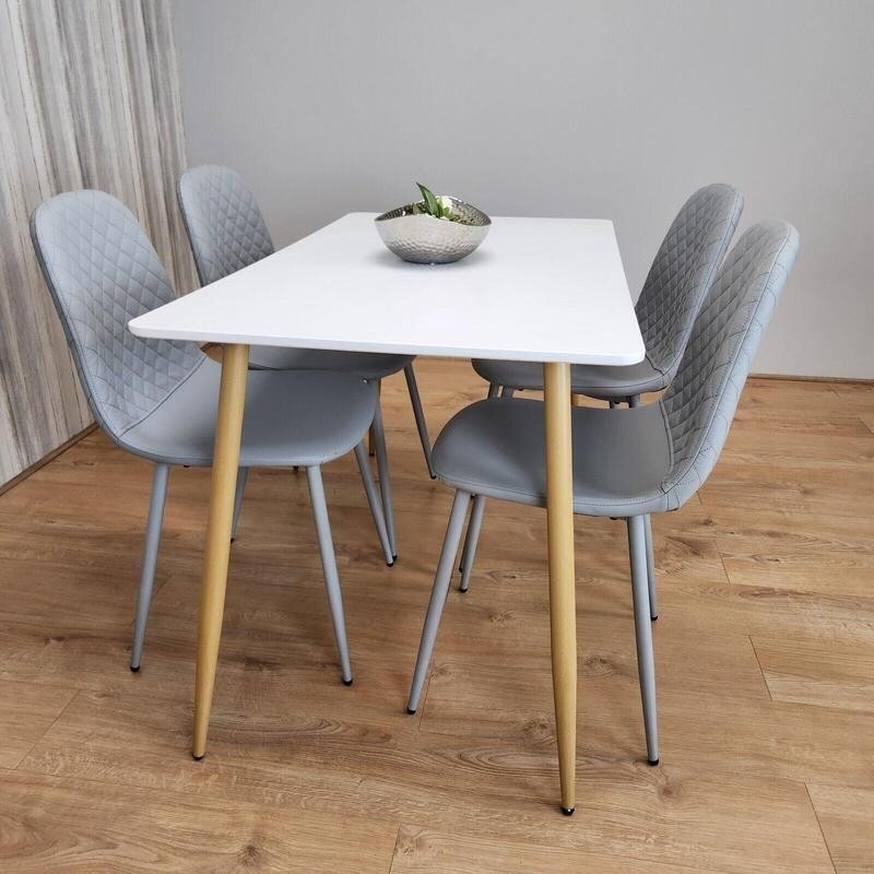 White Dining Table Set with 4 Grey Quilted Chairs – Modern Kitchen Set