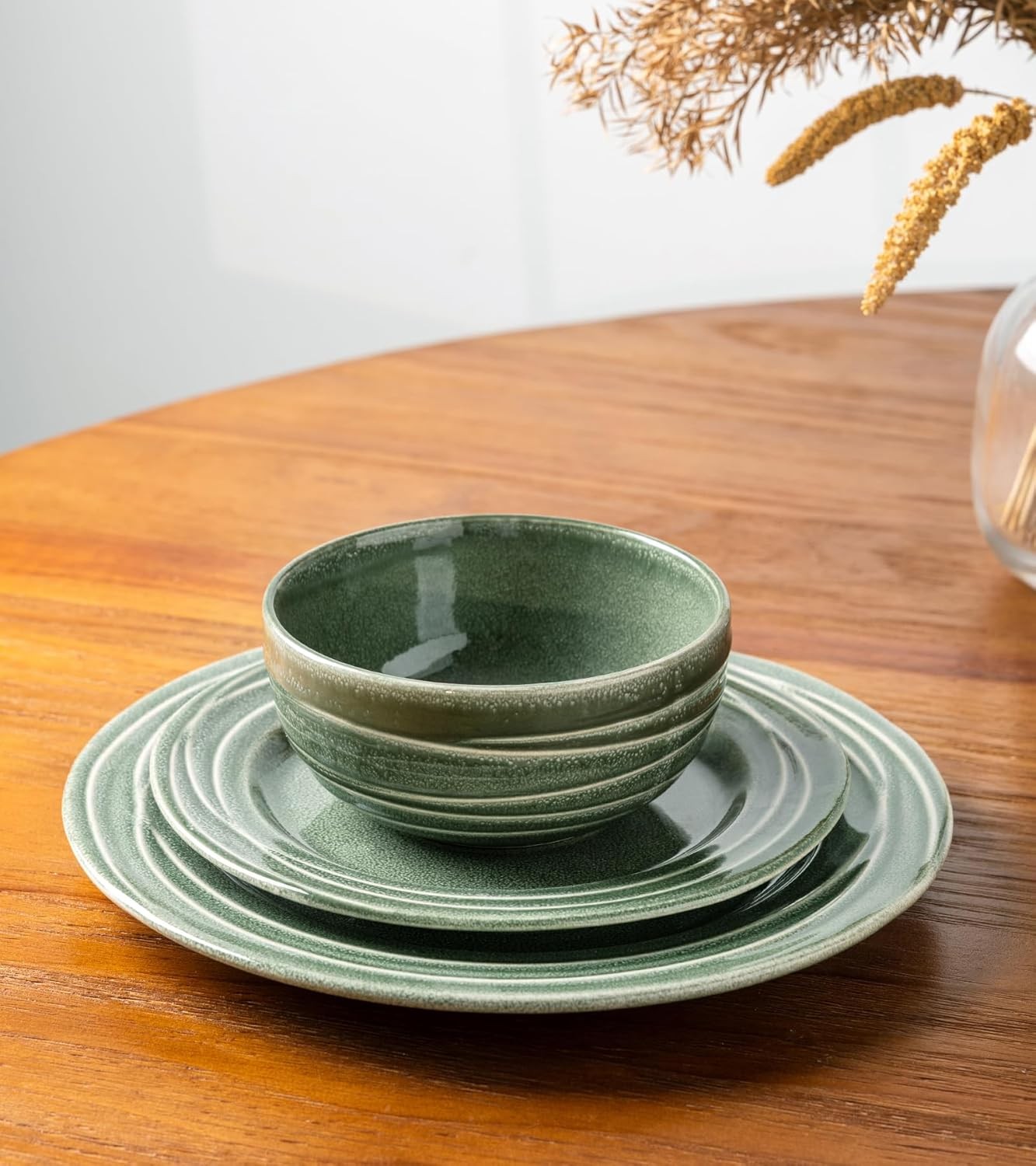 12 Piece Stoneware Dinner Set Plates Bowls Reactive Glaze Dishwasher Safe