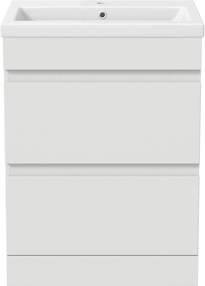 600mm White Gloss Bathroom Vanity Unit with Basin Sink 2 Drawer Floor Standing