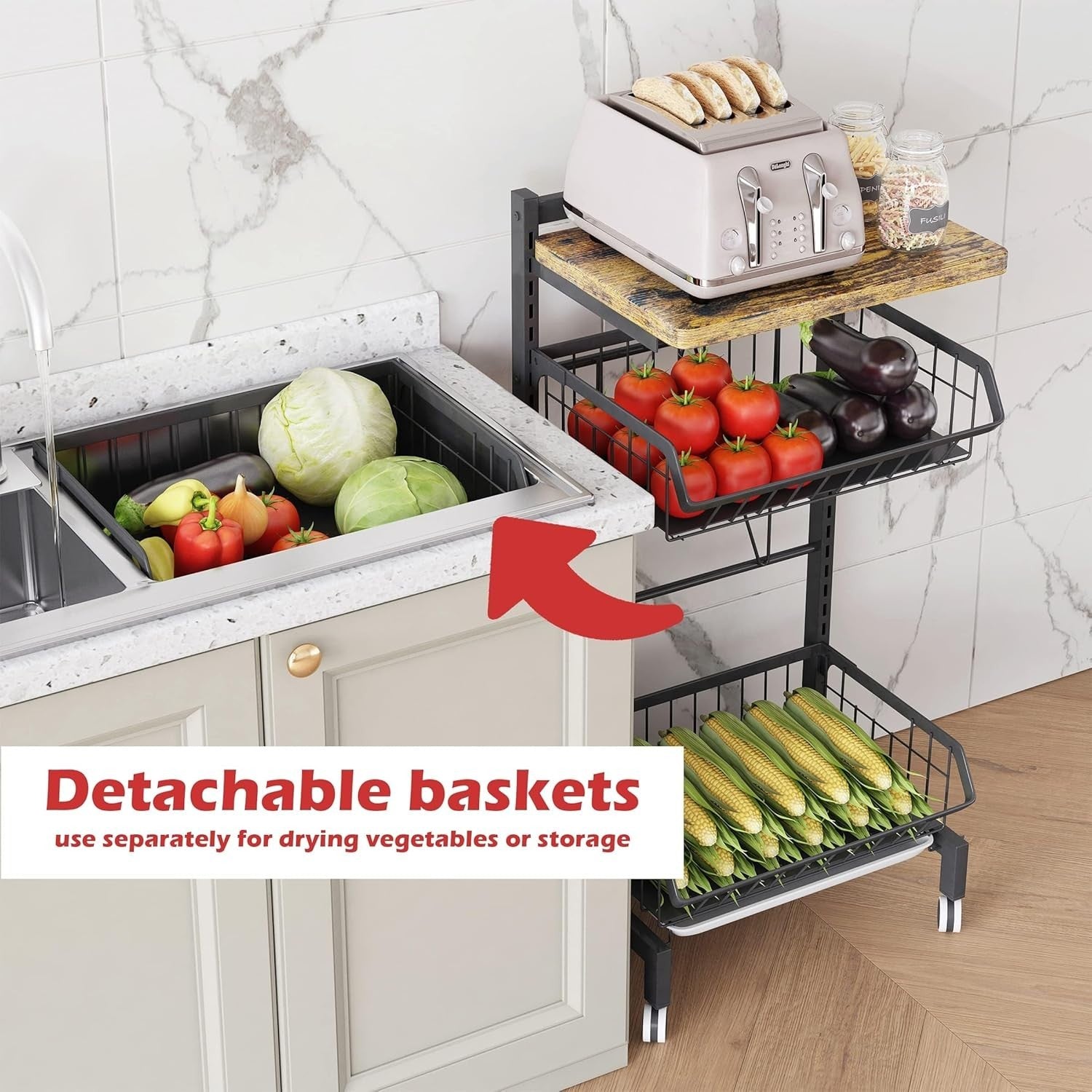 4 Tier Rolling Kitchen Trolley Vegetable Fruit Storage Cart Black