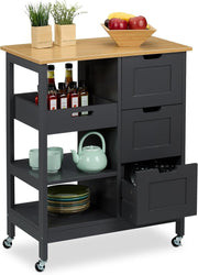 Rolling Kitchen Island Cart with 3 Drawers, Shelves & Wood Top, Grey/Natural