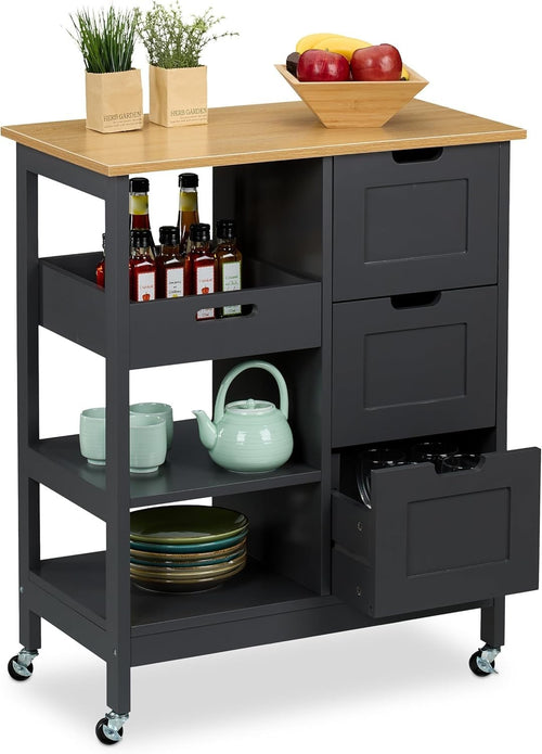 Rolling Kitchen Island Cart with 3 Drawers, Shelves & Wood Top, Grey/Natural
