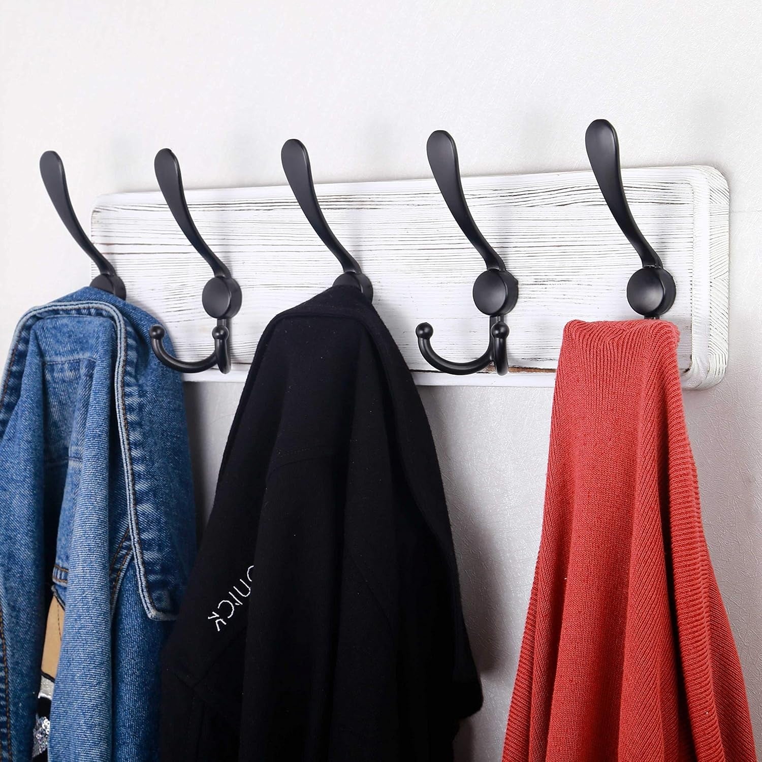 Set of 2 White Wooden Wall Coat Racks | Rustic 5 Triple Hooks Heavy Duty Organiz