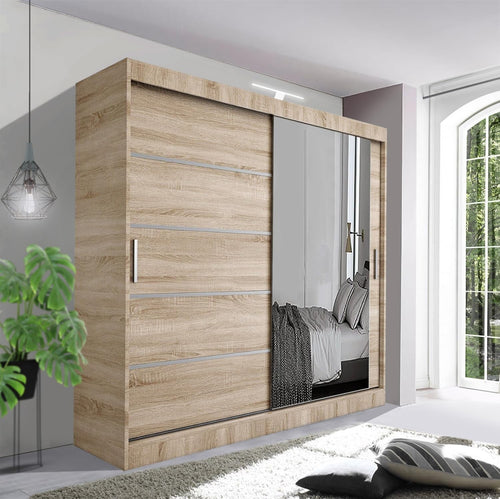Large Oak Sliding Wardrobe 250cm LED Light Spacious Bedroom Storage Unit