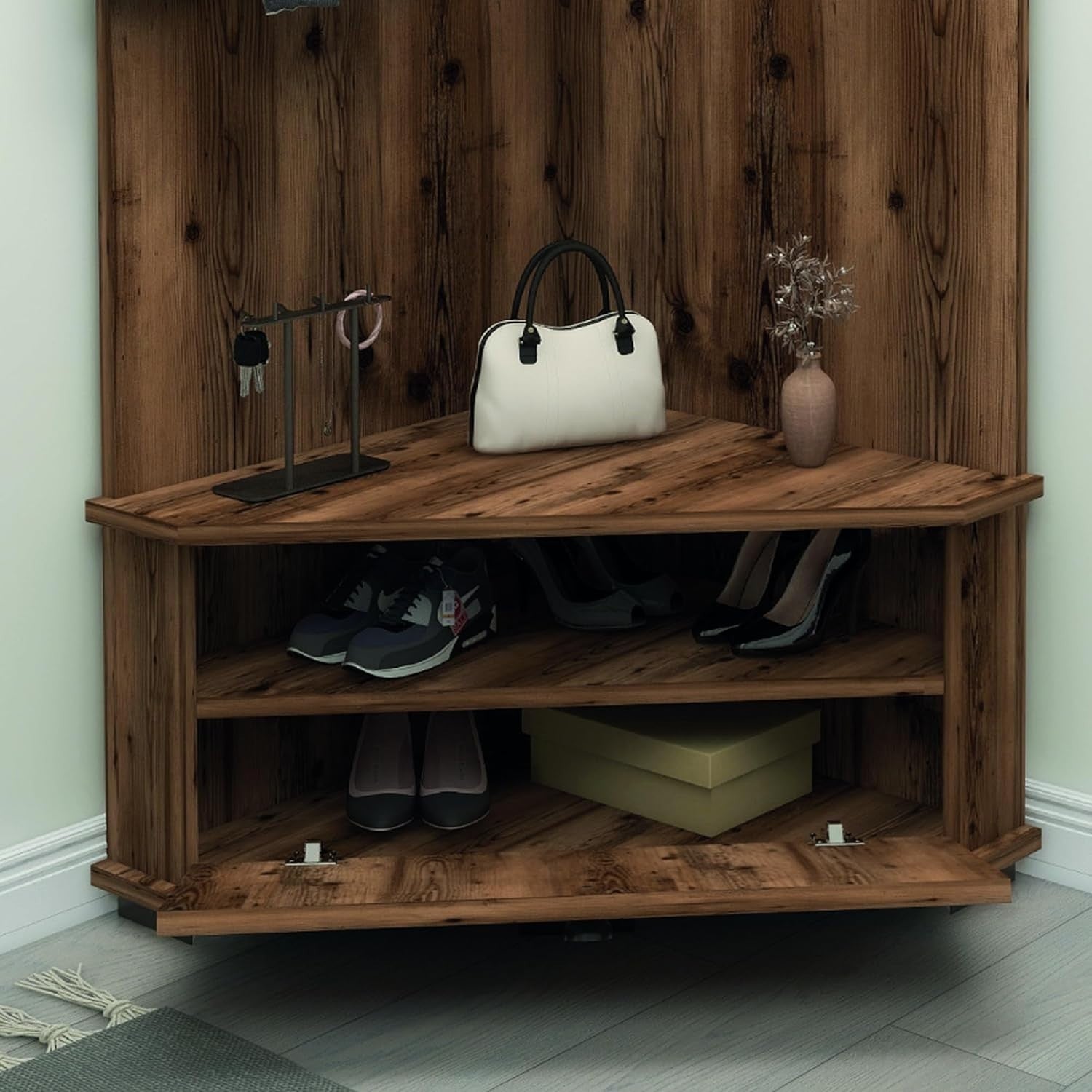 Corner Hall Tree with Coat Hooks, Shoe Bench & Storage Cabinet, Space-Saving