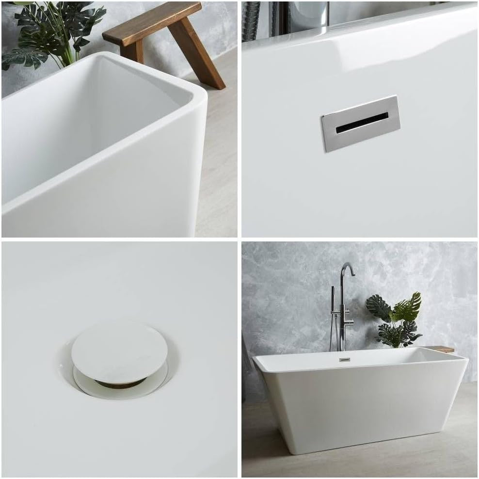 1500x750mm Freestanding Double Ended Square Bath White Acrylic w/ Chrome Waste