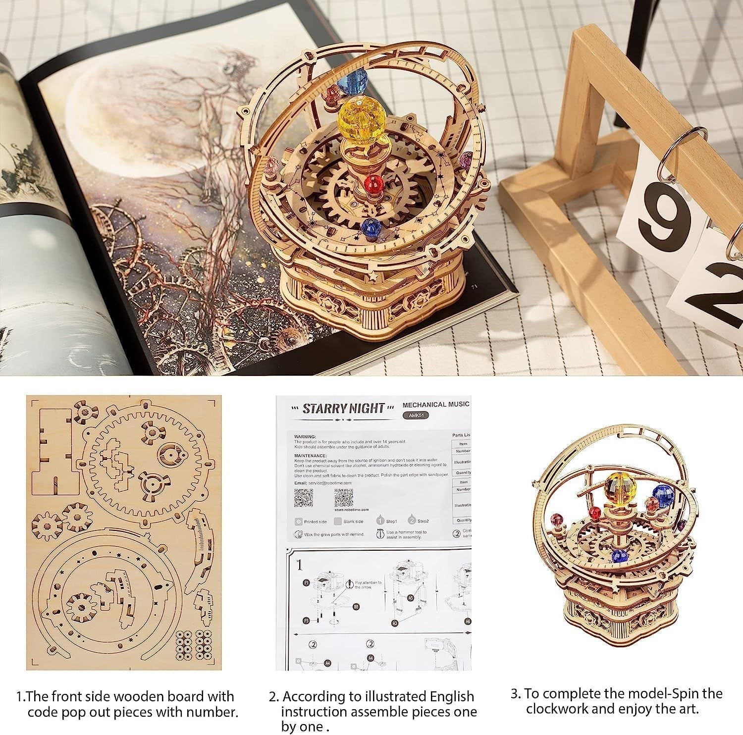 3D Wooden Music Box Puzzle Starry Night Mechanical DIY Model Kit