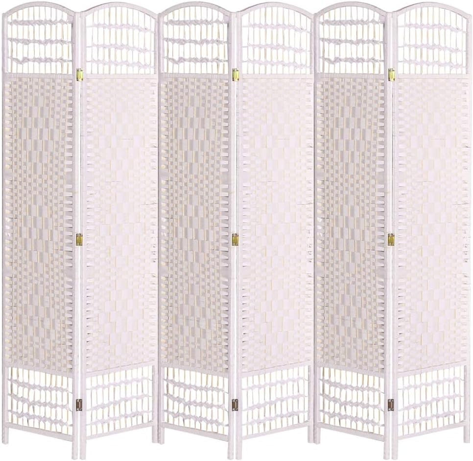 White 6 Panel Wicker Folding Room Divider Handwoven Privacy Screen