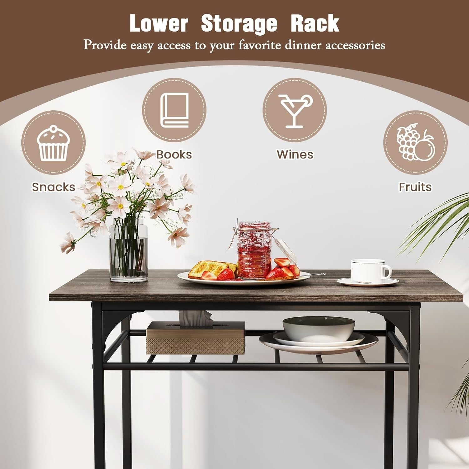 Grey 3-Piece Dining Table Set with 2 Chairs & Storage Rack Kitchen Bistro