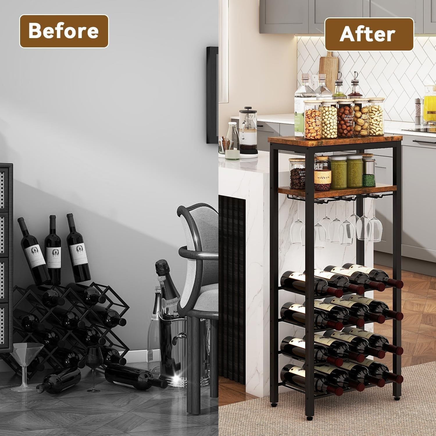 Wine Rack Freestanding with Glass Holder 16 Bottle Storage Shelf Rustic