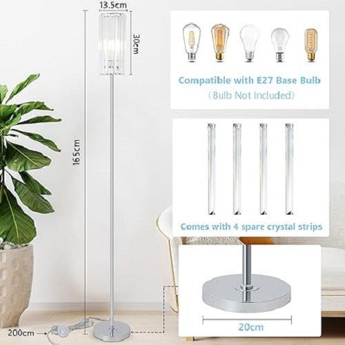 Modern Crystal Floor Lamp Chrome Glass Shade Tall Standing Light Living Room