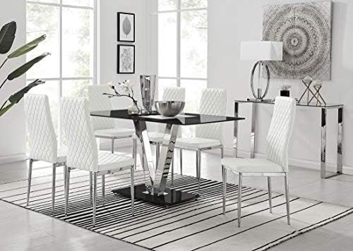 Modern Black Glass Dining Table Set with 6 White Chairs 140x80x75cm