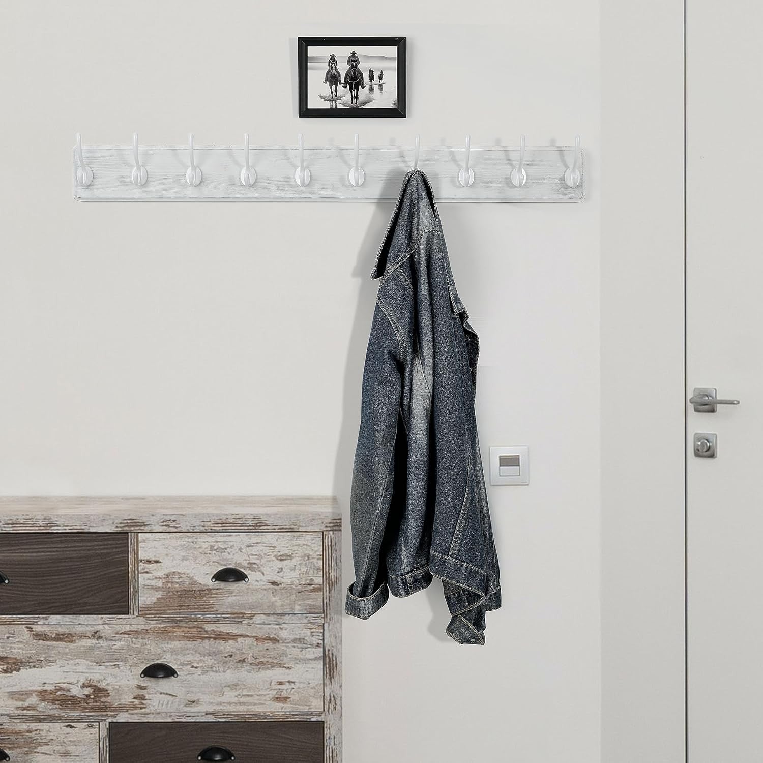 Wall Mounted Coat Rack 10 Hooks | 98cm Wooden Hanging Hook Rail White