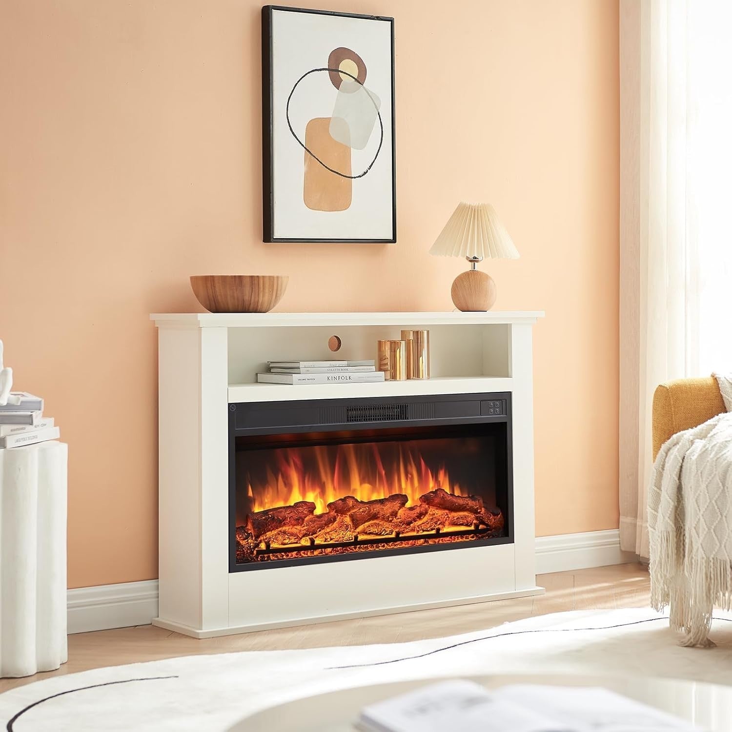 Electric Fireplace Heater 41” LED Flame Effect Surround White MDF