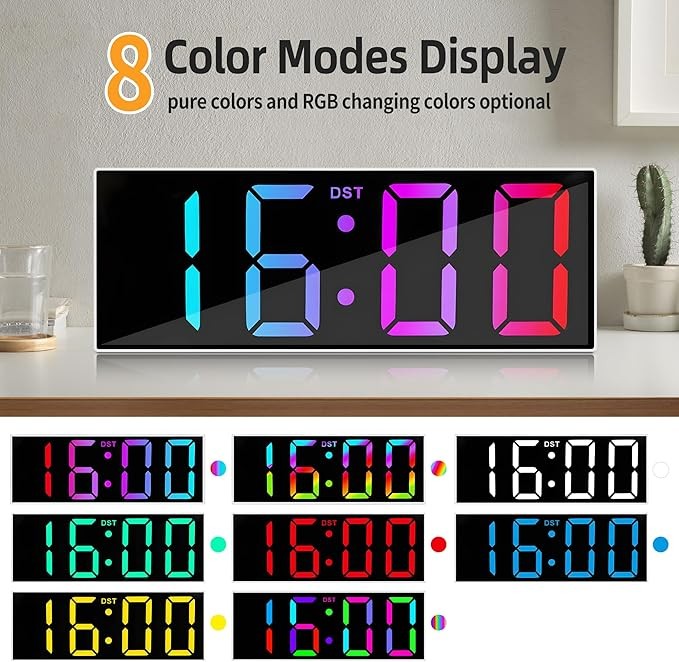 12" RGB LED Digital Wall Clock Large Display Auto-Dim Night Light Modern Bedroom